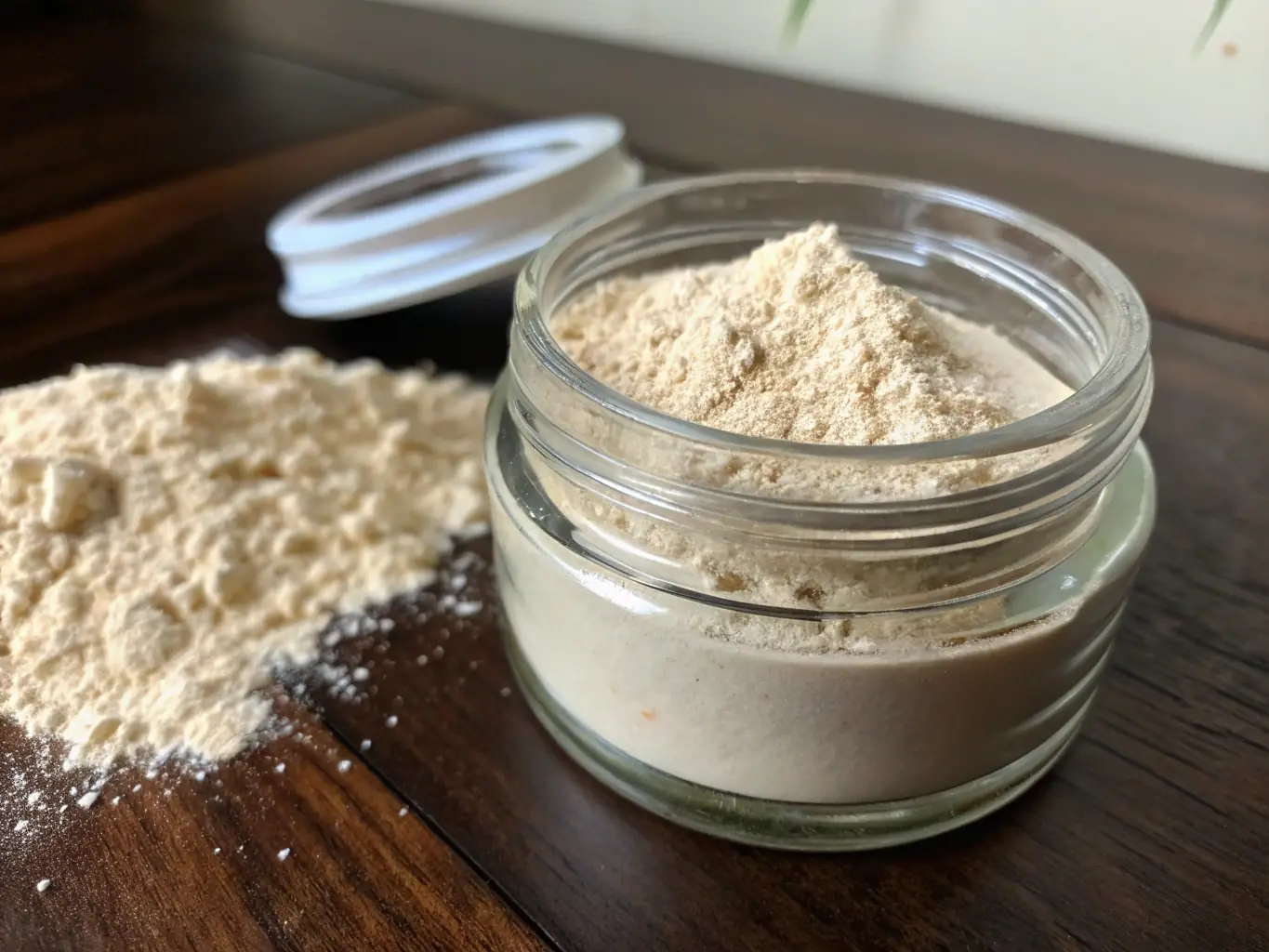 A photograph of Acacia Gum powder, showing its fine texture and light color, presented in a clear glass jar to emphasize its purity and natural state.
