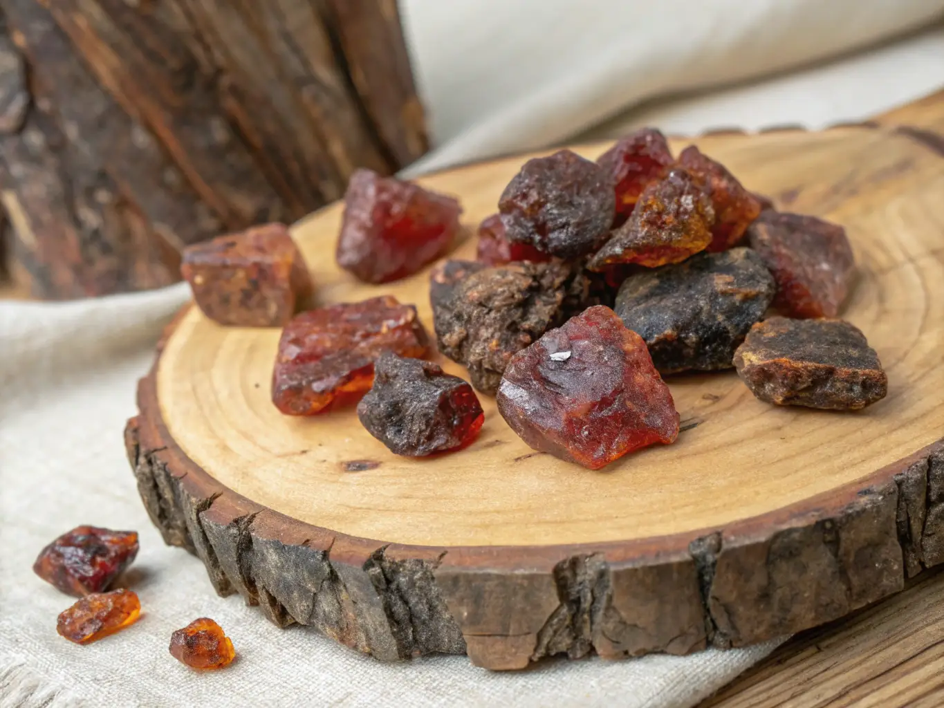 A photograph of Myrrh Resin pieces, displaying their deep reddish-brown color and irregular shapes, arranged on a natural wood surface to highlight their earthy origins.