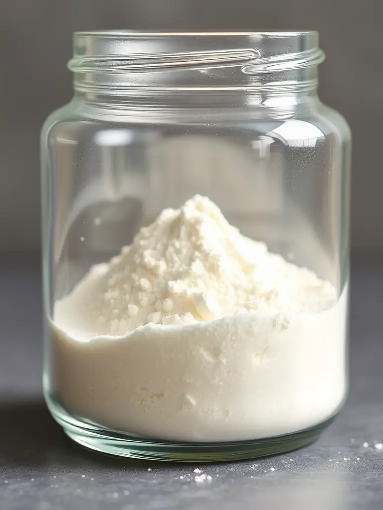 Fine, powdered acacia gum, showcasing its creamy white color and smooth texture, presented in a clear glass jar to emphasize its purity and versatility in food and health applications.