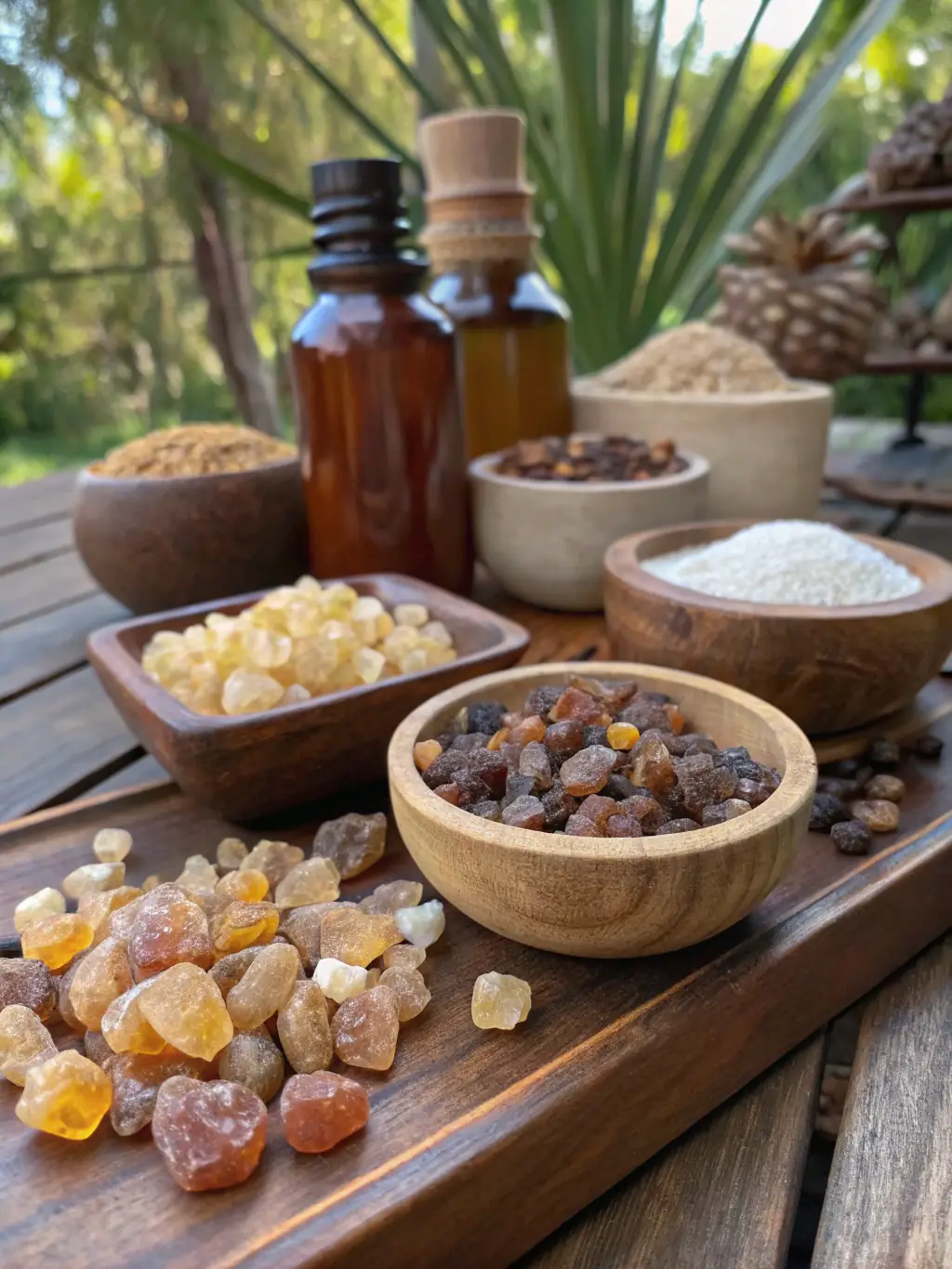 A diverse selection of Wiseresin's natural resins and aromatics, including frankincense, myrrh, and acacia gum, displayed in elegant glass jars to showcase their quality and variety.