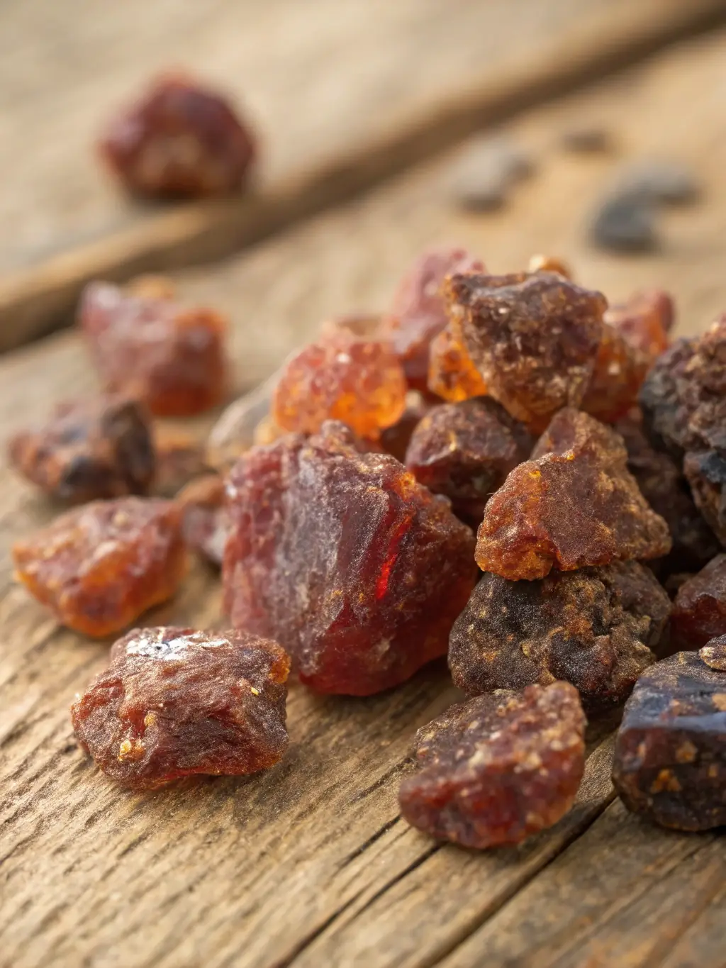 An artistic shot of ethically sourced Myrrh resin, highlighting its deep reddish-brown color and unique, natural formations, placed on a rustic wooden surface.
